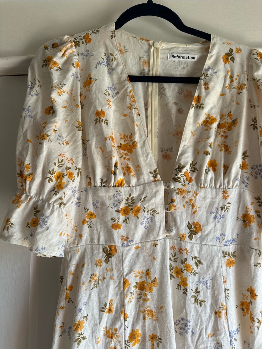 Reformation Linen Blue and Yellow Floral Dress